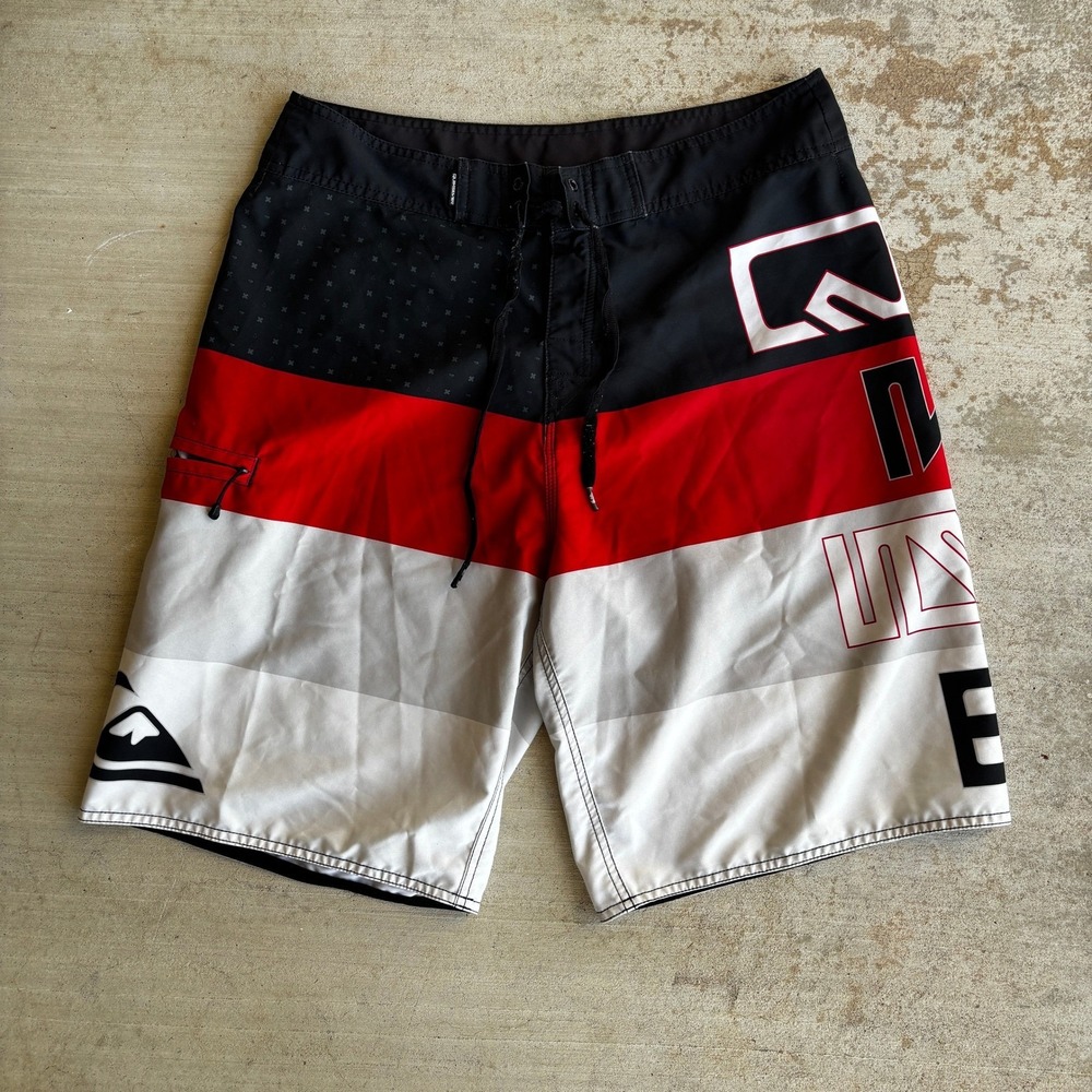 Quiksilver Mens Boardshorts Black Red White Graphic Surf Trunks Size XL 34W